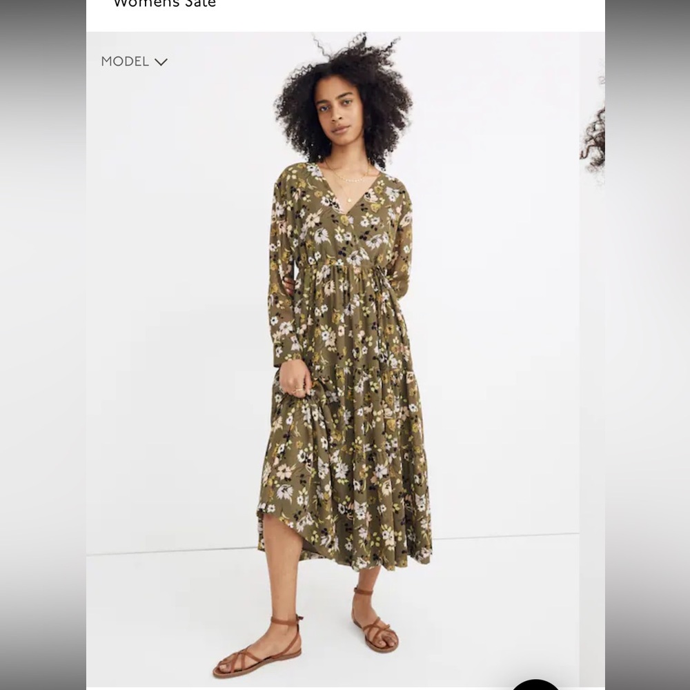Madewell Cinch Waist Tiered Midi Dress Olive Green Floral
